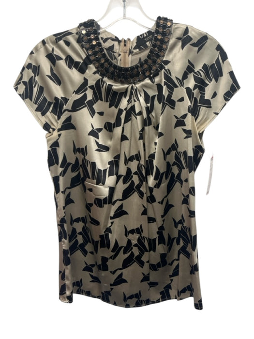 Etro Size 42 Champagne & Black Silk Short Sleeve Geometric Beaded Collar Top Champagne & Black / 42