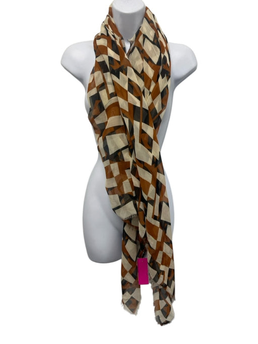 Akris Brown, Black, White Cotton & Silk Semi Sheer Geometric Fringe Edging scarf Brown, Black, White / L