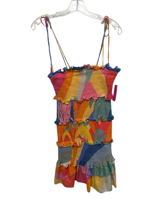 Farm Rio Size S Multi Cotton Spaghetti Strap Tie Shoulder Shirred Ruffle Dress Multi / S