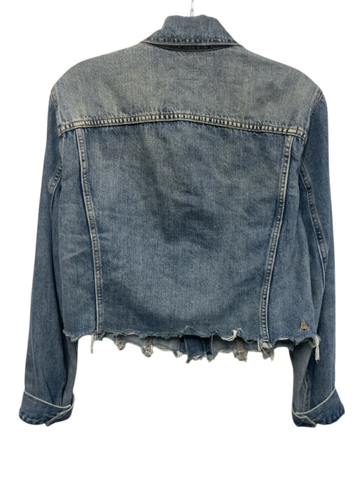 ABLE Size M Medium Wash Cotton Blend Denim Raw Hem Button Front Cropped Jacket Medium Wash / M