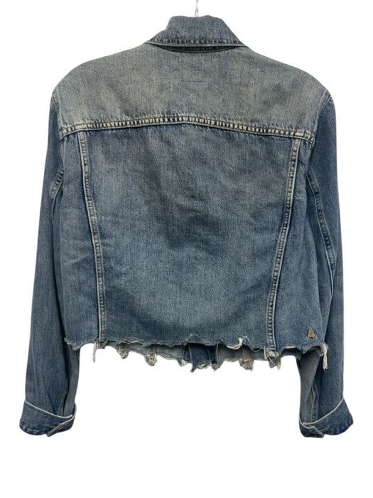 ABLE Size M Medium Wash Cotton Blend Denim Raw Hem Button Front Cropped Jacket Medium Wash / M