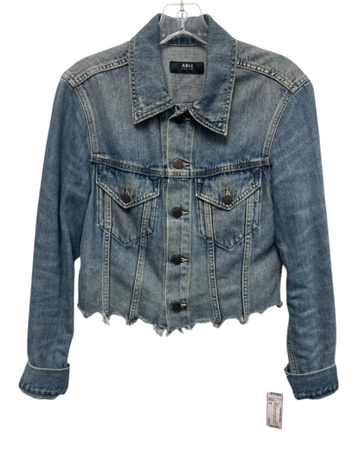 ABLE Size M Medium Wash Cotton Blend Denim Raw Hem Button Front Cropped Jacket Medium Wash / M