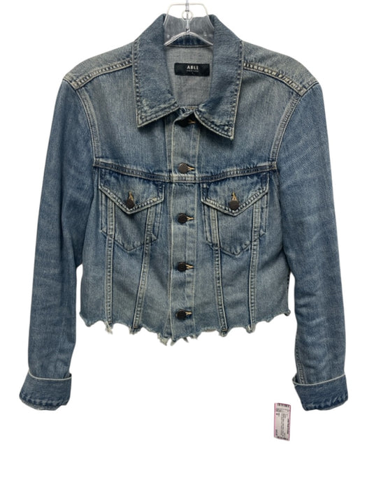 ABLE Size M Medium Wash Cotton Blend Denim Raw Hem Button Front Cropped Jacket Medium Wash / M