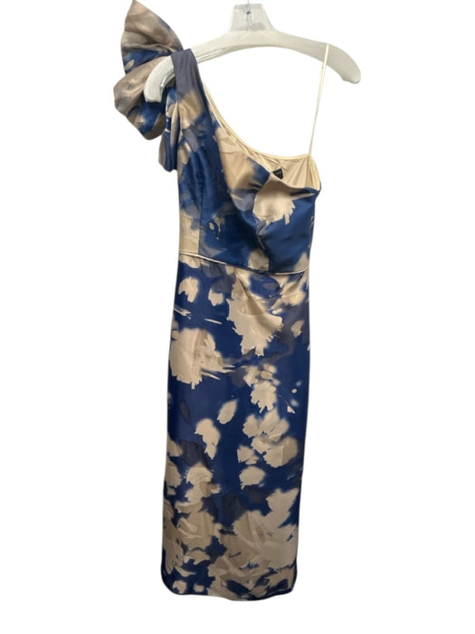 Aidan Mattox Size 8 Beige & Blue Polyester Blend Bow Abstract Watercolor Gown Beige & Blue / 8