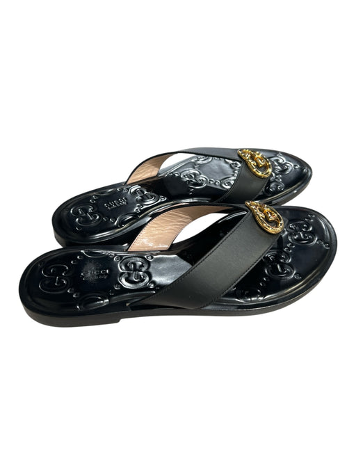 Gucci Shoe Size 40 Black & Gold Leather Flip Flop Logo Slip On Sandal Shoes Black & Gold / 40