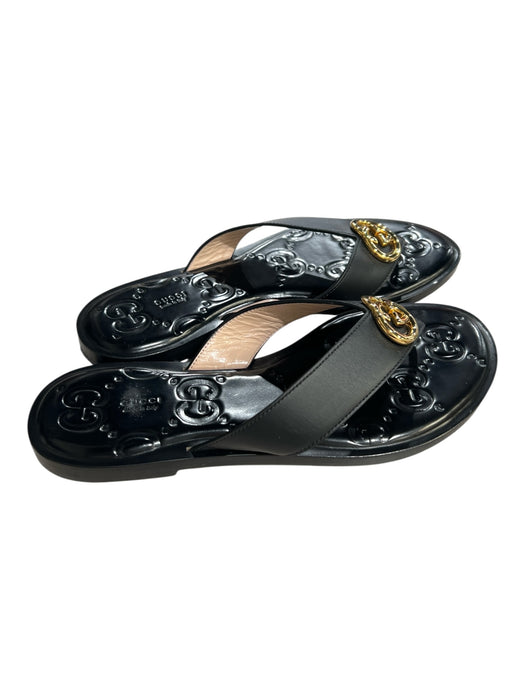 Gucci Shoe Size 40 Black & Gold Leather Flip Flop Logo Slip On Sandal Shoes Black & Gold / 40