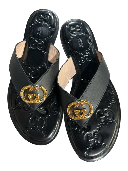 Gucci Shoe Size 40 Black & Gold Leather Flip Flop Logo Slip On Sandal Shoes Black & Gold / 40
