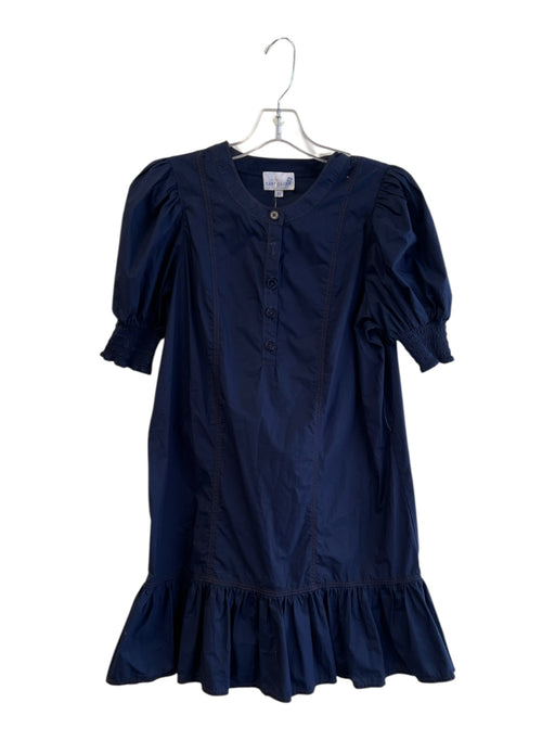 Cartolina Size XS Navy Cotton Round Neck Short Puff Sleeve 1/2 Button Dress Navy / XS