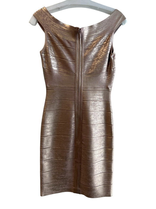 Herve Leger Size M Champagne Rayon Blend V Neck Off Shoulder Back Zip Dress Champagne / M