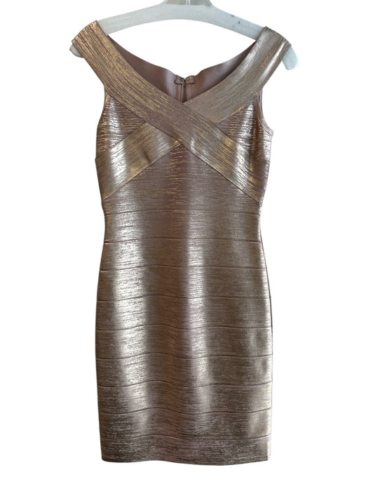 Herve Leger Size M Champagne Rayon Blend V Neck Off Shoulder Back Zip Dress Champagne / M
