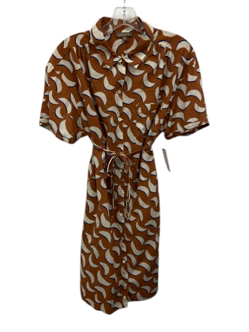 Lilla P Size M Brown, Ivory, Navy Blue Cotton Crescent Moon Button Down Dress Brown, Ivory, Navy Blue / M