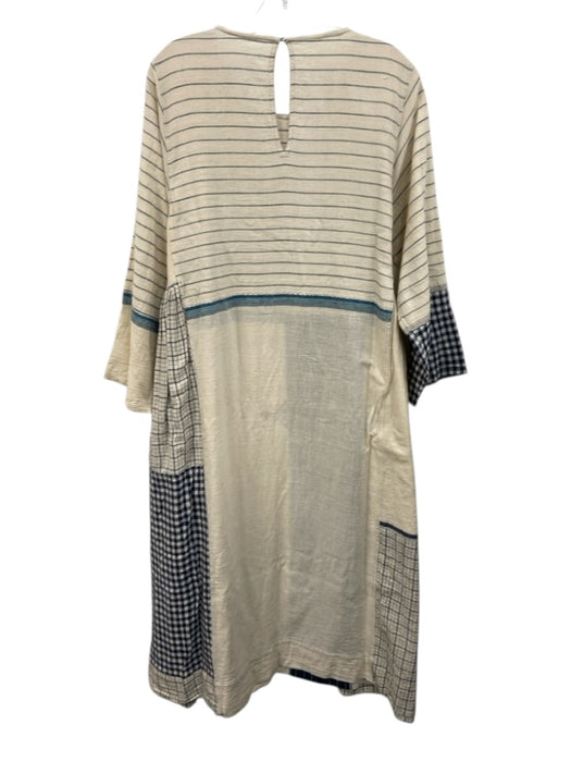 Injiri Size XL Cream, Blue, Navy Linen Stripe Gingham Patchwork Midi Dress Cream, Blue, Navy / XL