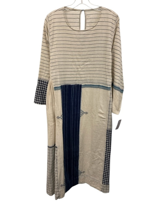 Injiri Size XL Cream, Blue, Navy Linen Stripe Gingham Patchwork Midi Dress Cream, Blue, Navy / XL