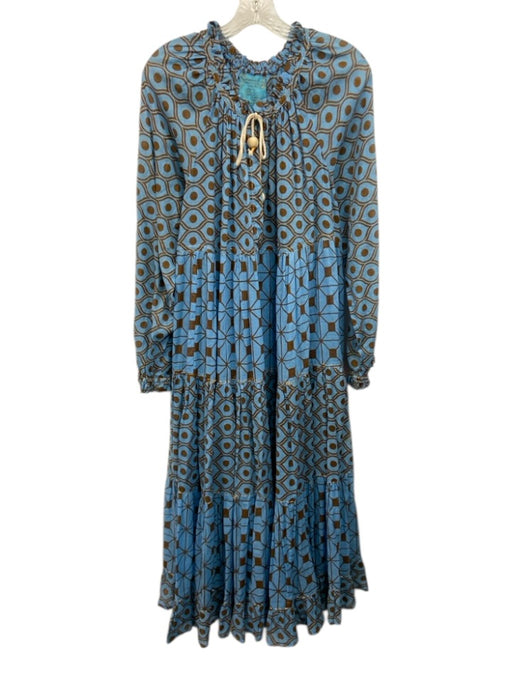 Yvonne S Size XL Blue & Brown Cotton V Neck Eye Print Long Sleeve Midi Dress Blue & Brown / XL
