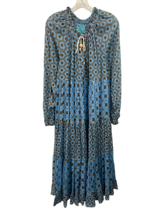 Yvonne S Size XL Blue & Brown Cotton V Neck Eye Print Long Sleeve Midi Dress Blue & Brown / XL