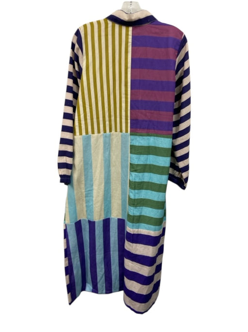 Briton Court Size L Purple, Blue, Yellow Cotton & Linen Stripe Button Dress Purple, Blue, Yellow / L