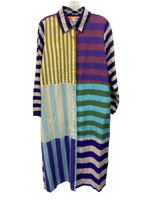 Briton Court Size L Purple, Blue, Yellow Cotton & Linen Stripe Button Dress Purple, Blue, Yellow / L