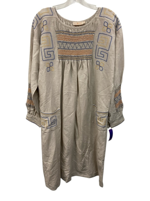 Tory Burch Size M Gray, Yellow, Blue Linen Blend Long Sleeve Geometric Dress Gray, Yellow, Blue / M