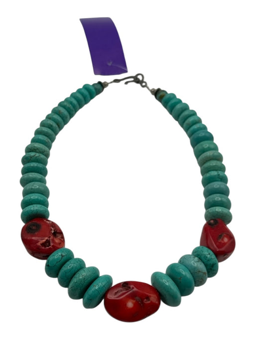 Turquoise & Red Stone Coral Disc Beads Hook & Eye Necklace Turquoise & Red