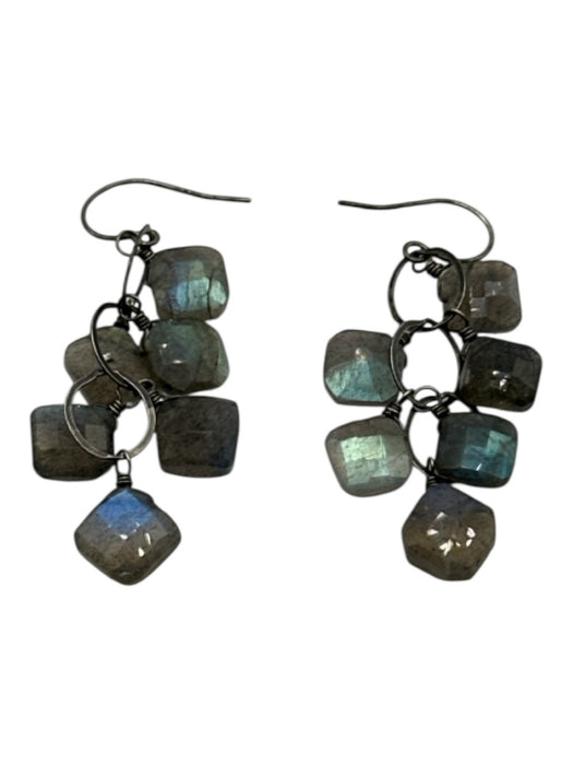 Gunmetal & Gray Metal Labradorite Cushion Cut Faceted Stone Drop Earrings Gunmetal & Gray