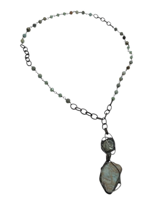 Gunmetal Gray & Turquoise Green Metal & Stone Beaded Station Chain Necklace Gunmetal Gray & Turquoise Green