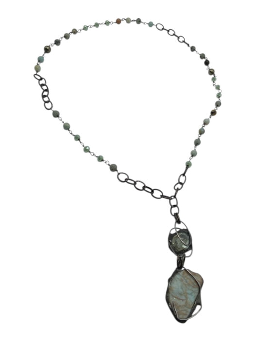 Gunmetal Gray & Turquoise Green Metal & Stone Beaded Station Chain Necklace Gunmetal Gray & Turquoise Green