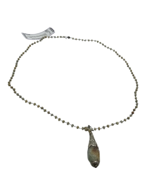 Silver, Green, Beige Metal & Stone Beaded Station Chain Pendant Quartz Necklace Silver, Green, Beige