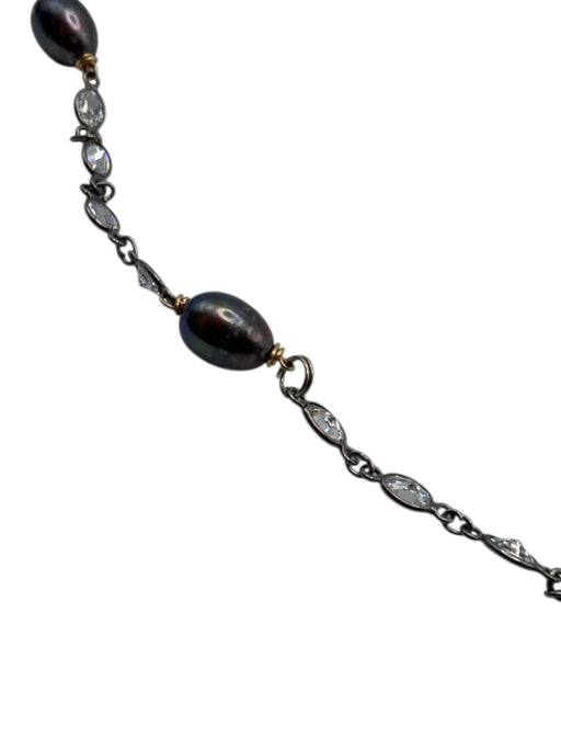 Purple, Clear, Gunmetal, Gold Metal & Pearl Beaded Station Chain Long Necklace Purple, Clear, Gunmetal, Gold