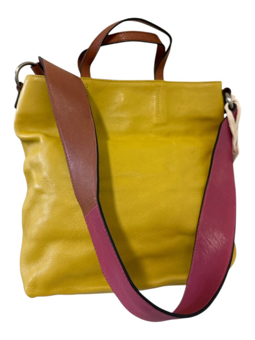 Nancybird Yellow, Pink & Brown Leather Magnetic Snap Multiple Straps Tote Bag Yellow, Pink & Brown