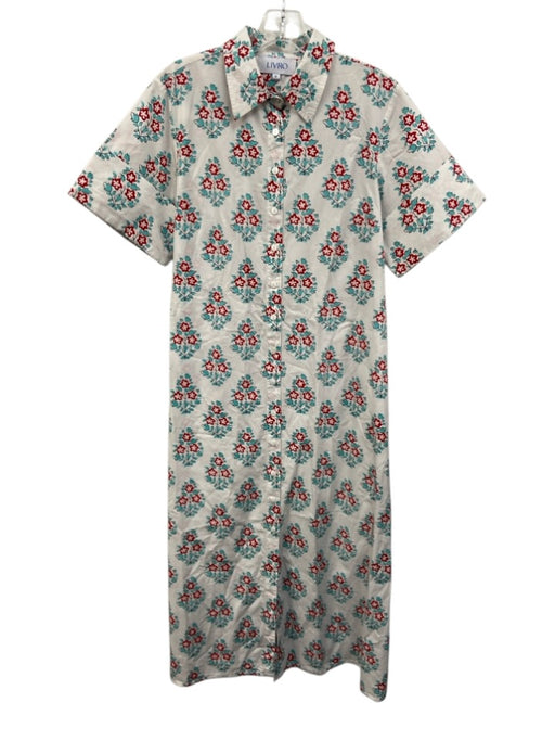 Livro Size M White, Red & Blue Cotton Floral Short Cuffed Sleeve Collared Dress White, Red & Blue / M