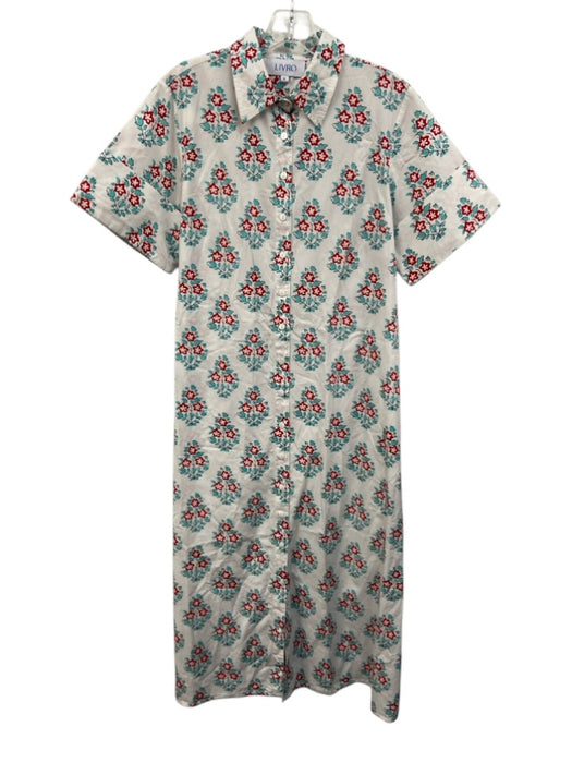 Livro Size M White, Red & Blue Cotton Floral Short Cuffed Sleeve Collared Dress White, Red & Blue / M