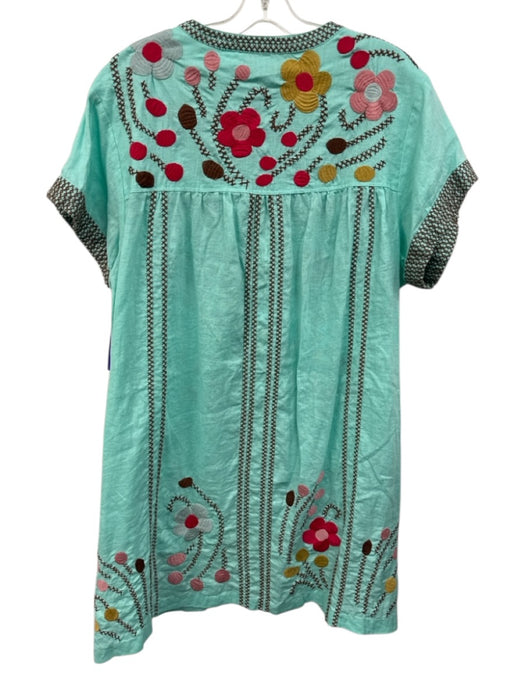 Johnny Was Size XL Aqua Blue & Multi Linen Embroidered Cross Stitch Dress Aqua Blue & Multi / XL