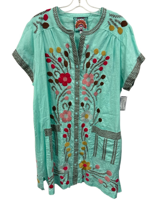 Johnny Was Size XL Aqua Blue & Multi Linen Embroidered Cross Stitch Dress Aqua Blue & Multi / XL