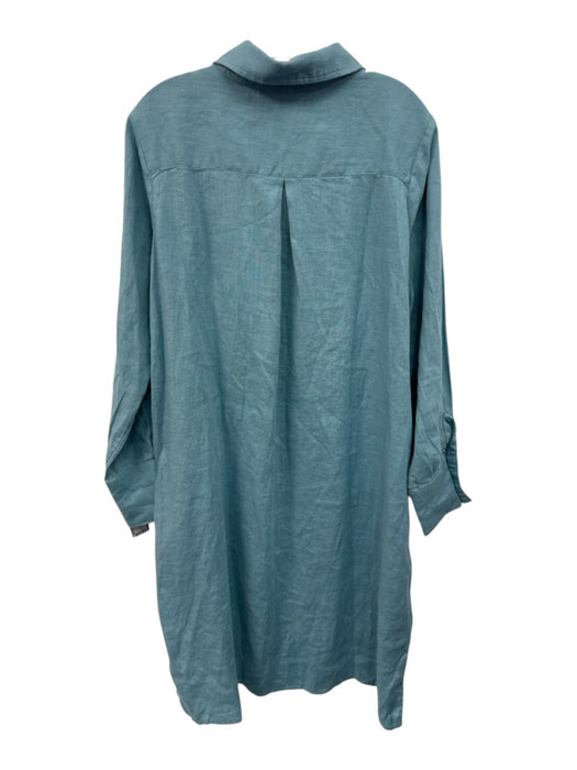 Crown Linen Designs Size L Slate Blue Linen Long Sleeve Button Front Shirt Dress Slate Blue / L