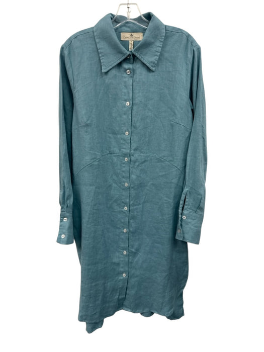 Crown Linen Designs Size L Slate Blue Linen Long Sleeve Button Front Shirt Dress Slate Blue / L