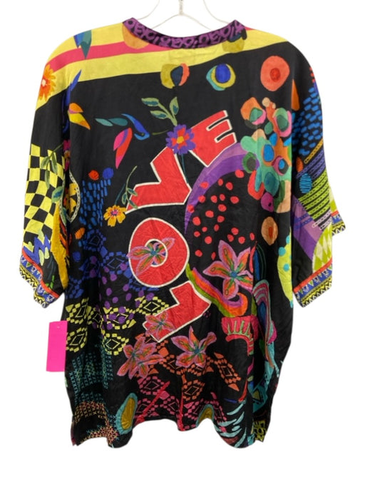 Johnny Was Size XL Black, Yellow, Purple Silk Round Neck Button Down Dolman Top Black, Yellow, Purple / XL