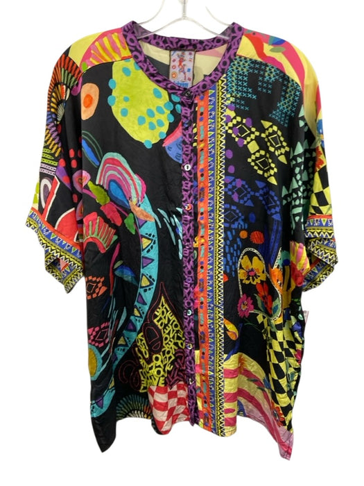 Johnny Was Size XL Black, Yellow, Purple Silk Round Neck Button Down Dolman Top Black, Yellow, Purple / XL