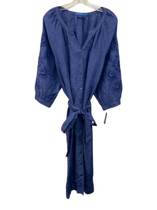 J. McLaughlin Size XL Blue Linen Long Balloon Sleeve Ladder Lace Detail Dress Blue / XL