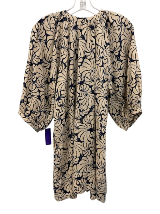 Staud Size L Cream Beige & Navy Blue Linen Abstract Botanical Print Dress Cream Beige & Navy Blue / L