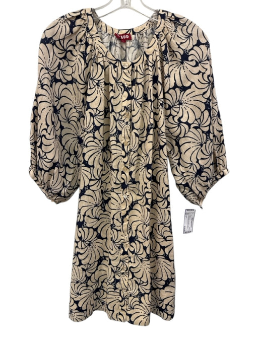 Staud Size L Cream Beige & Navy Blue Linen Abstract Botanical Print Dress Cream Beige & Navy Blue / L