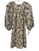 Staud Size L Cream Beige & Navy Blue Linen Abstract Botanical Print Dress Cream Beige & Navy Blue / L