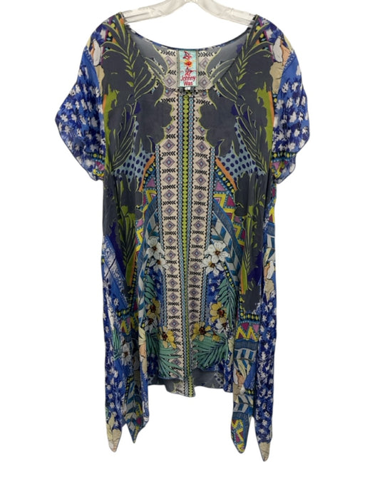 Johnny Was Size L Gray, Blue & Multi Cupro Rayon Short Sleeve Cover Up Dress Gray, Blue & Multi / L
