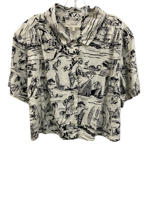 The Great Size L / 3 White & Black Cotton Button Down Line Art Print Top White & Black / L / 3