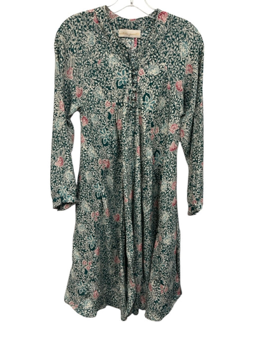 Natalie Martin Size XS Green, Pink, White Silk Long Sleeve Floral Midi Dress Green, Pink, White / XS