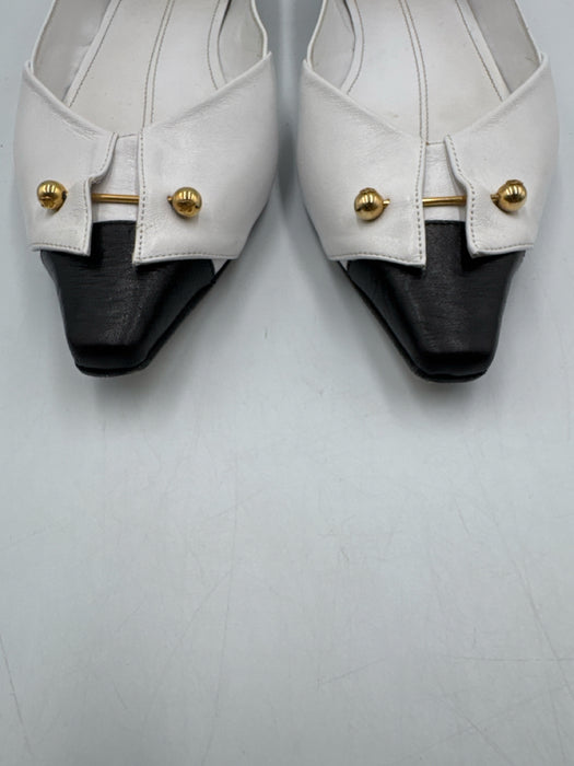 Chanel Shoe Size 39 Black & White Leather Upper Gold Tone Details Flat Pumps