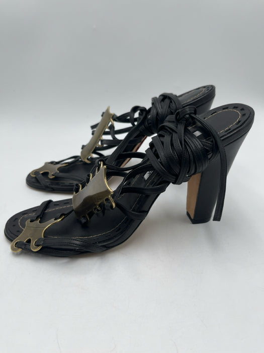 Manolo Blahnik Shoe Size 38.5 Black & Brass Leather Strappy Metal Accent Pumps