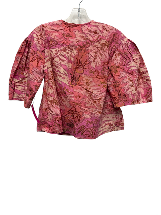 Ulla Johnson Size 0 Pink & White Cotton Half Sleeve Floral Half Zip Top Pink & White / 0