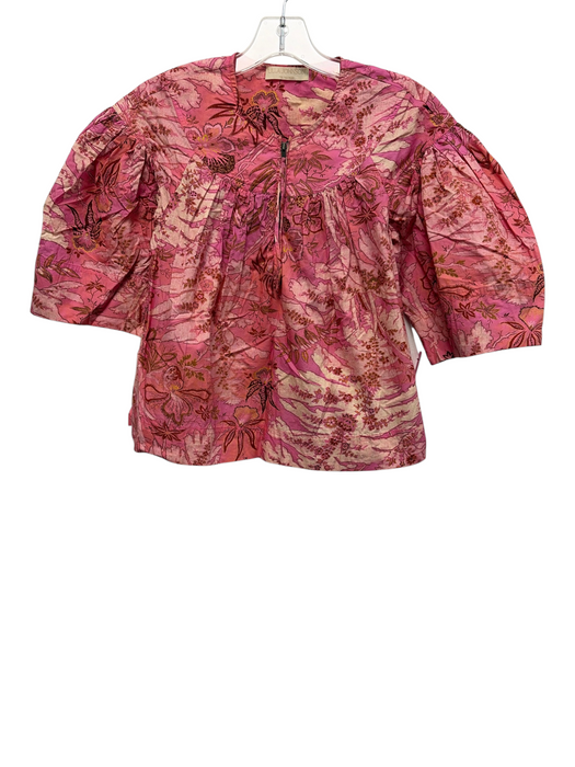 Ulla Johnson Size 0 Pink & White Cotton Half Sleeve Floral Half Zip Top Pink & White / 0