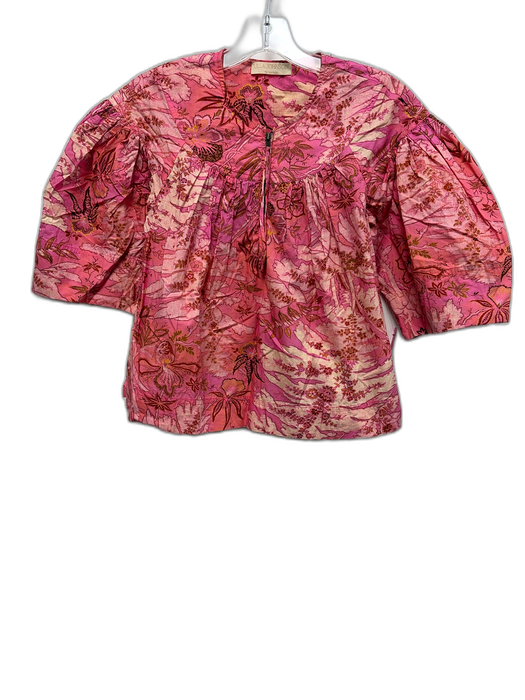 Ulla Johnson Size 0 Pink & White Cotton Half Sleeve Floral Half Zip Top Pink & White / 0