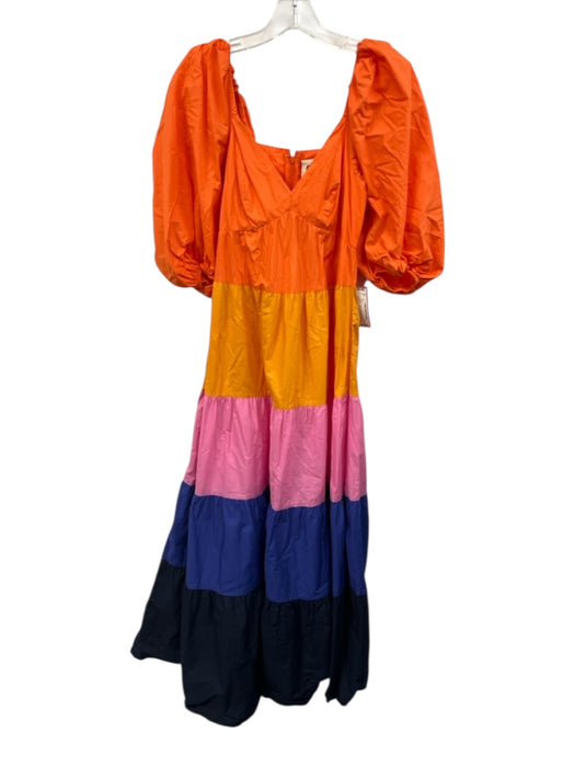 Farm Size XS Orange & Multi Cotton Half Balloon Sleeve Color Block V Neck Dress Orange & Multi / XS
